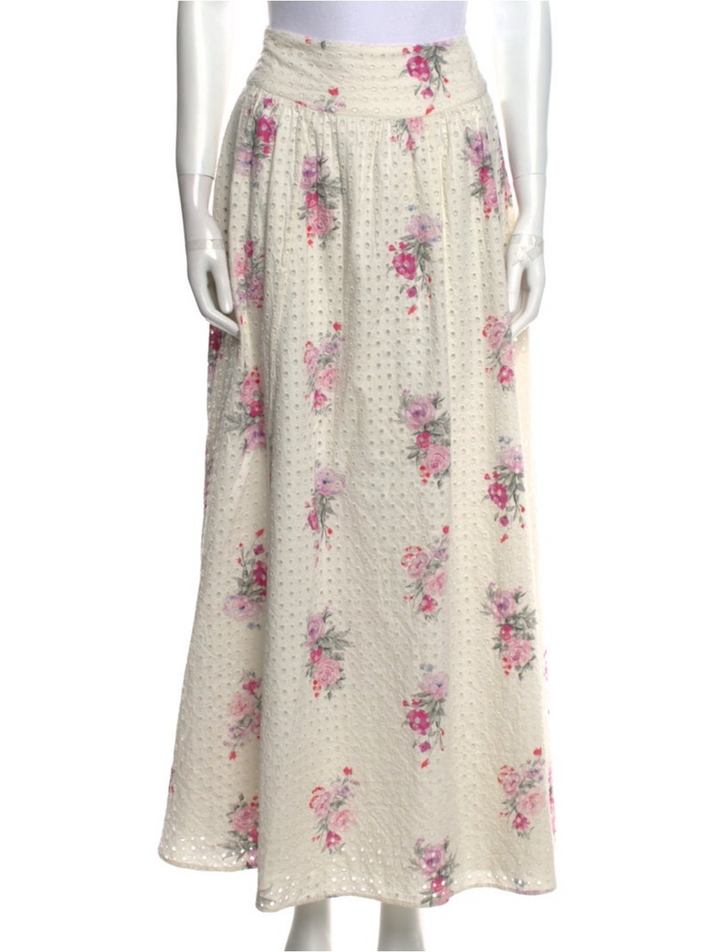 LoveShackFancy Cream Eyelet Maxi Skirt with Pink Floral Print